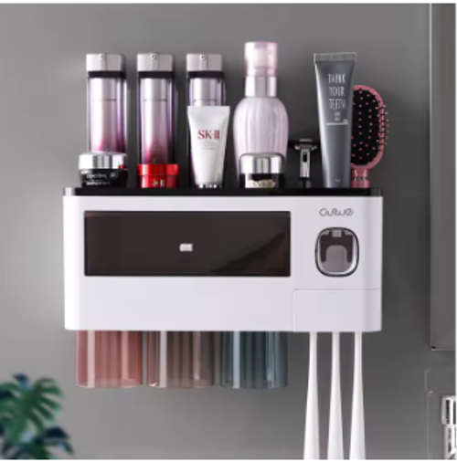 High Quality Wall-Mounted Toothpaste With Squeezer Perforation-free Bathroom Shelf Mouthwash Cup Toothbrush Holder 3 cups-transparent black