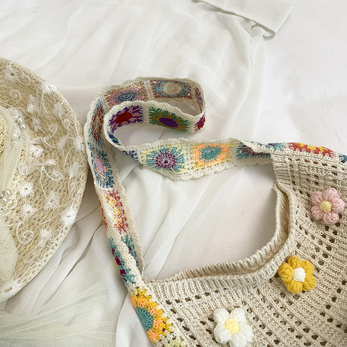 Fashion Handmade Crochet Tote Bag for Women Colorful Flower Knit Shoulder Bag Casual Boho Crossbody Bag for Daily Travel Beach