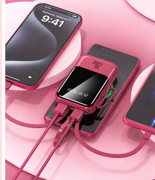 Mini 10000mAh Power Bank Multi-Function 4 in 1 Usb Cable Type C Fast Charging Data Cables Power Bank for All Phones With LED Flashlight Rose Red