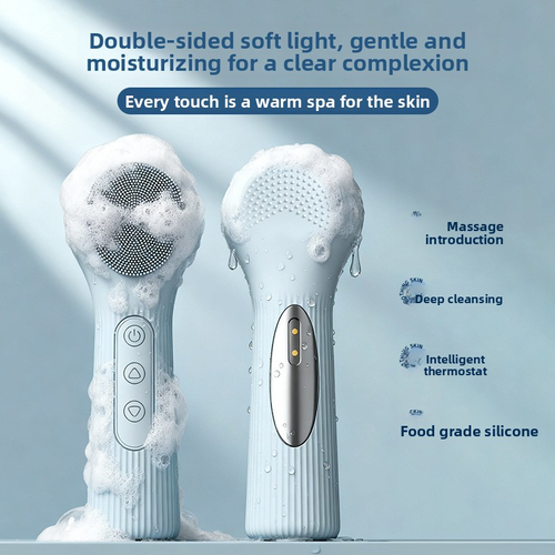Silicone Heated Face Washing Brush Dual-Sided Temperature Sensing Magnetic Charging Inductive Battery Facial Cleansing Pink