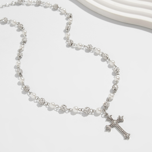Trendy Inlay Rhinestone Shiny Disco Ball Beaded Cross Necklace for Men Charms Male Imitated Pearl Necklace Fashion Jewelry Gifts