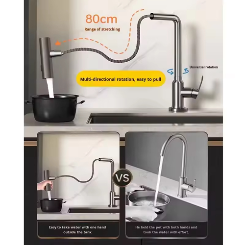 Premium Brushed Pull Kitchen Faucet Single Handle Single Hole Modern Stainless Steel Ceramic Valve Core Pull Spray Rotatable Hot