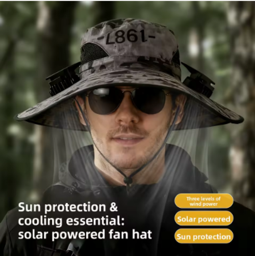 Portable Solar Powered Wearable Brimmed Fisherman Hat with 300mAh Battery USB Chargeable Mini Fans 3 Speed Modes