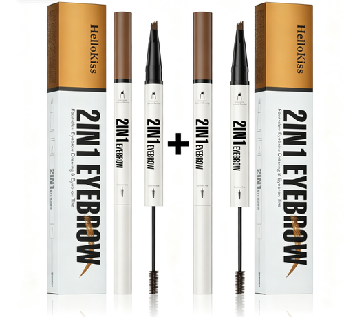 Hellokiss New Four-Prong Eyebrow Pencil + Brow Tint  Set Vegan Long Lasting Hybrid Brush Soft Eyebrow Liquid Tint Gel No Wipe Dark Brown Two Per Set