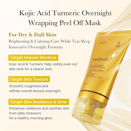 Medicube Kojic Acid Turmeric Overnight Glow for Uneven Skin Tone Retinol Nourish Wrapping Peel Off Mask Jelly Brush 75ml