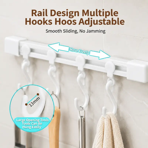 10-Hook Adjustable Multifunctional Slide Rail Adhesive Wall Organiser - Kitchen Utensil Holder, Cupboard Hanging Storage Rack for Bathroom, Bedroom 5-pack
