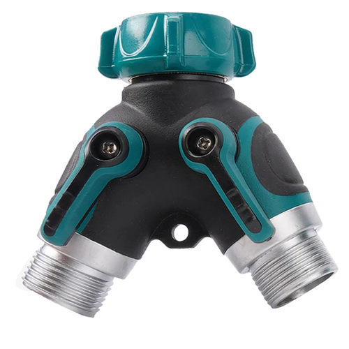 2-Way Heavy Duty ECO FRIENDLY Garden Hose Splitter Connector with 2 Valves Zinc Alloy Body and Rubberized Grip