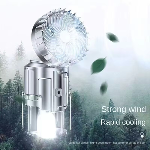 New Outdoor Bright LED Camping Lantern Fan with USB Battery Power White Light Portable & Hangable for Hiking Silver