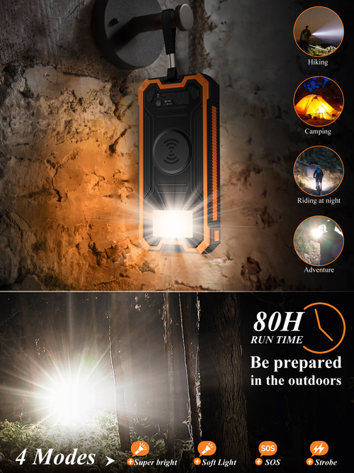 Dustproof Waterproof Solar Power Bank 10000mAh Portable Solar Phone Charger With Wireless Outdoor External Battery Pack With Flashlight