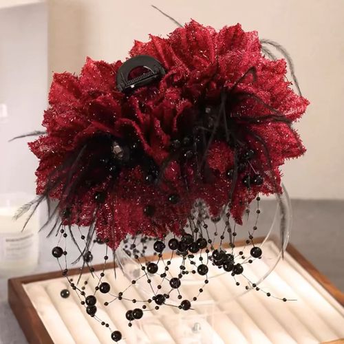 2 PCS Black Red Fashion Women Girls Big Pearl Tassel Lace Pearl Beaded Hair Claw Clip for Thick Hair Elegant Women Large Hairgrips