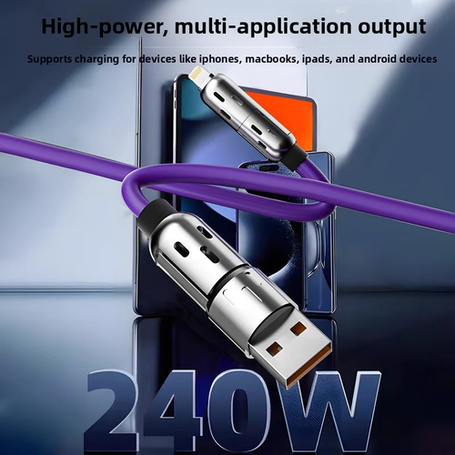 Super Fast LED Display 4-In-1 Mobile Phone Charging Cable Usb Suitable Soft Silicone 240W Fast Charging Cable Pink Two Per Set 1M+1.5M