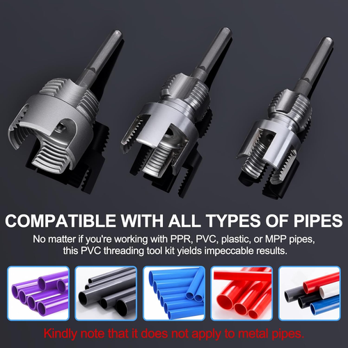 Electric Drill Compatible Pipe Threader Kit 3Pcs 0.5 0.75 1 Inch Internal External Dual Function PVC Pipe Threading Tool