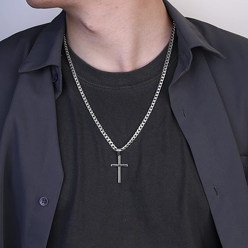 Stainless Steel Curb Chain Cross Pendant Necklace for Men No Tarnish Hip Hop Jewelry Cuban Chain Two Per Set one gold and one silver