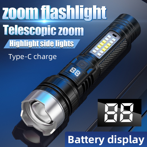 High Endurance Rechargeable Outdoor Camping Flashlight Two Per Set Waterproof IP54 1000+ Lumens LED Digital Display Adjustable Beam Red Blue
