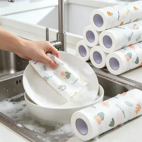 100Pcs Per Roll Reusable Cleaning Lazy Rags, Washable Kitchen Dish Towels & Multi-Purpose Wiping Cloths (Four Per Set)