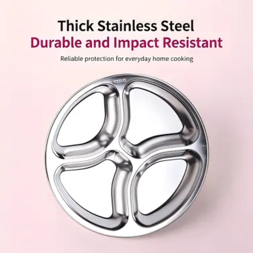 4 Compartment Stainless Steel Divided Plate, Portable Round Food Prep Tray, Reusable Separate Serving Plate for Kitchen Cooking, Camping, Picnic and Meal Prep Two Per Set