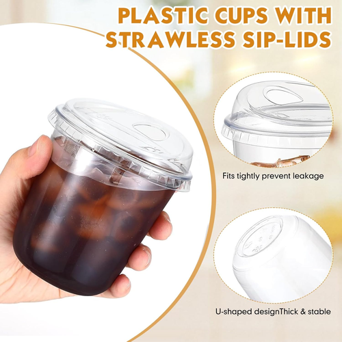 PET Crystal Clear Plastic Cups 14OZ With Lid Disposable Iced Coffee Cups with Lids for Cold Beverages 50Pack