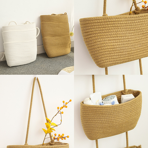 3-Tier Cotton Rope Hanging Wall Organizer Woven Storage Basket Over The Door Pocket for Nursery Bedroom Bathroom Boho Decor