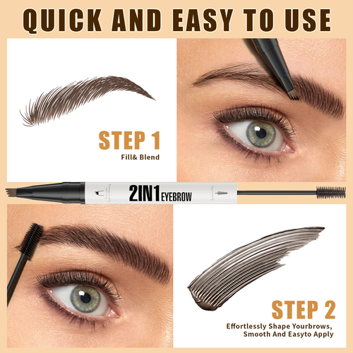 Hellokiss New Four-Prong Eyebrow Pencil + Brow Tint  Set Vegan Long Lasting Hybrid Brush Soft Eyebrow Liquid Tint Gel No Wipe Dark Brown Two Per Set