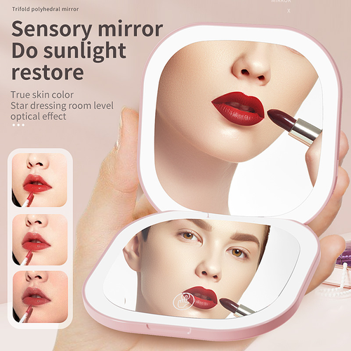 3X Magnification Plastic Square LED Pocket Mirror with 44 LED Lights and 3 Tone Lights Touch Screen