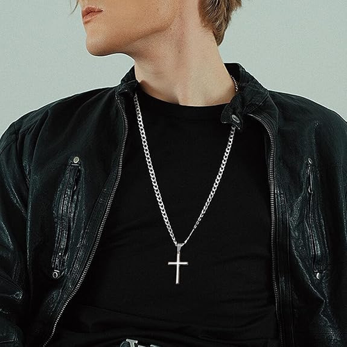 Stainless Steel Curb Chain Cross Pendant Necklace for Men No Tarnish Hip Hop Jewelry Cuban Chain Two Per Set one gold and one silver