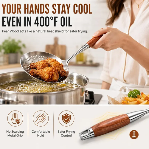 Wooden Handle Stainless Steel Skimmer, Skimmer Slotted Spoon, Ladle Spoon with Heat-Resistant Long Handle, Extra Thick Spider Strainer for Deep Frying, Boiling & Fast Oil Draining Two Per Set