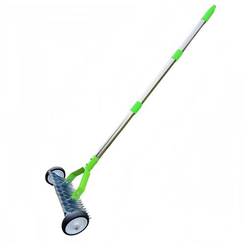 Rolling Lawn Rake with Wheels, Garden Weed Rake for Dethatching, Dry Grass & Leaf Removal, Soil Loosening Yard Cleaning Tool