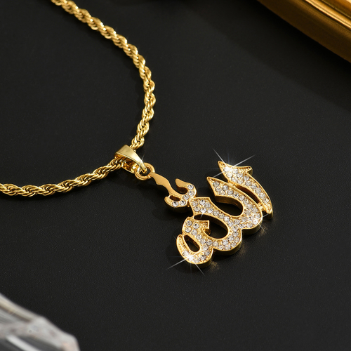 18k Gold Allah Jewelry Totem 316L Stainless Steel Zircon Mantra Pendant Gold Silver Round Pendent Men Female Necklace