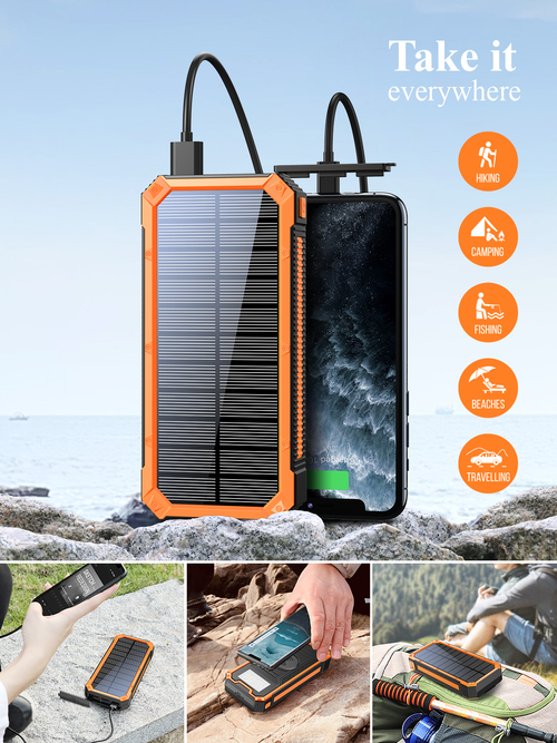 Dustproof Waterproof Solar Power Bank 10000mAh Portable Solar Phone Charger With Wireless Outdoor External Battery Pack With Flashlight