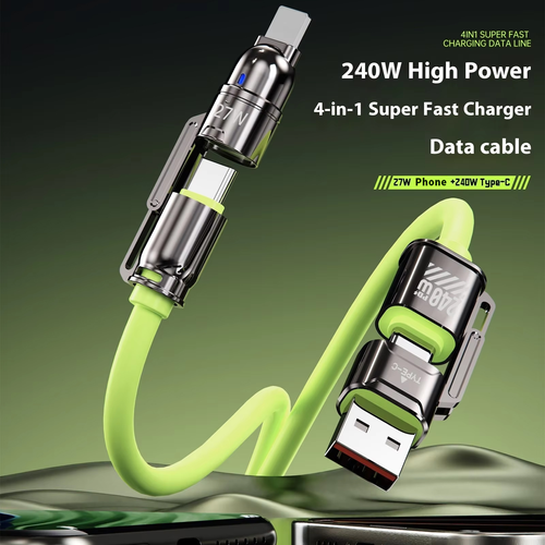 240W Bullet Head 4-in-1 Mobile Phone Data Cable Charger High Power Super Fast Charge PVC Jacket Zinc Alloy Connectors Type-C 1.5 Meter