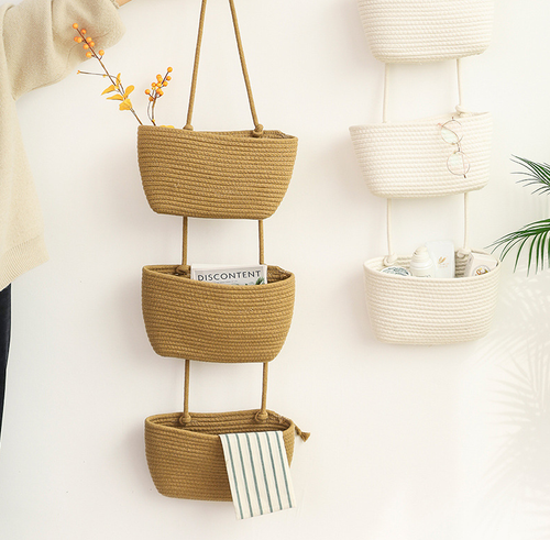 3-Tier Cotton Rope Hanging Wall Organizer Woven Storage Basket Over The Door Pocket for Nursery Bedroom Bathroom Boho Decor