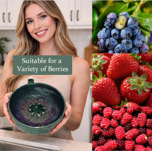 Self-Spinning Berry Washer & Colander, 360°Hydro-Vortex Rinser with Drainage, Stoneware Serving Bowl