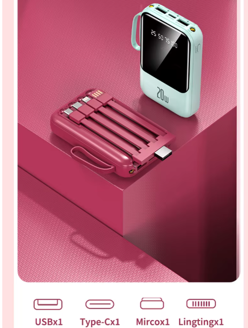 Mini 10000mAh Power Bank Multi-Function 4 in 1 Usb Cable Type C Fast Charging Data Cables Power Bank for All Phones With LED Flashlight Rose Red