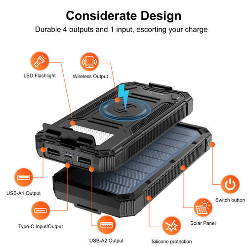 Dustproof Waterproof Solar Power Bank 10000mAh Portable Solar Phone Charger With Wireless Outdoor External Battery Pack With Flashlight
