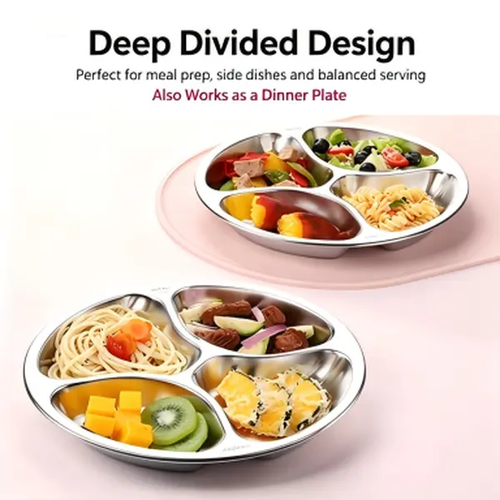 4 Compartment Stainless Steel Divided Plate, Portable Round Food Prep Tray, Reusable Separate Serving Plate for Kitchen Cooking, Camping, Picnic and Meal Prep Two Per Set