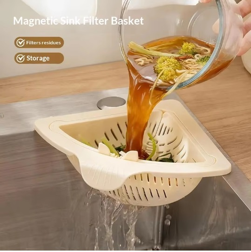 Triangular Drain Basket Magnetic Corner Sink Strainer with Twist-Open Bottom Automatic Dumping Storage Rack for Kitchen