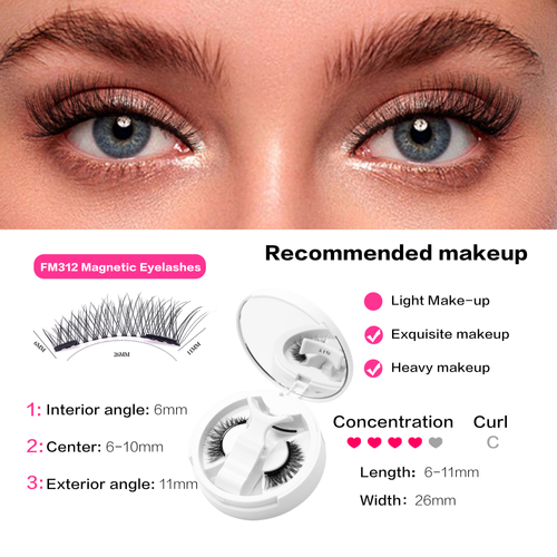 Camellia-style magnetic false eyelashes (all-in-one case) Glue-free, magnetic, voluminous Fox Eye style (Western bold look)—natural-effect set.