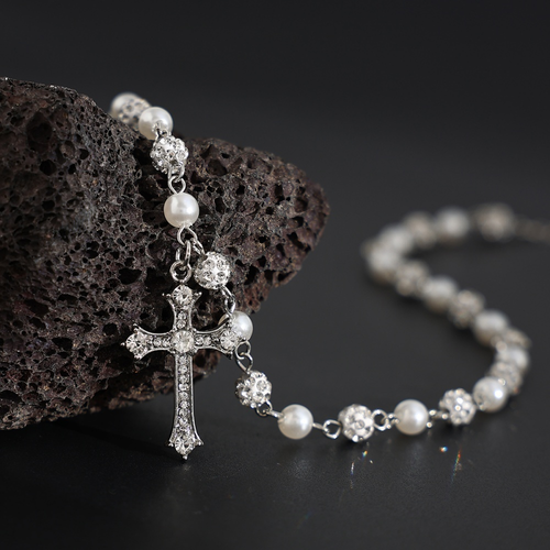Trendy Inlay Rhinestone Shiny Disco Ball Beaded Cross Necklace for Men Charms Male Imitated Pearl Necklace Fashion Jewelry Gifts
