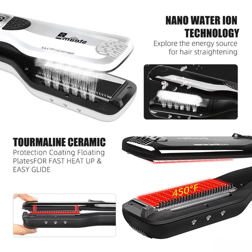 Professional Steam Straightener Brush with LCD Display, Wide Ceramic Plate Anti-Scald Hair Straightening Comb, Hydrating for Frizzy Curly Damaged Hair, Salon Grade Hair Styling Tool