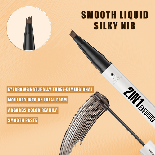 Hellokiss New Four-Prong Eyebrow Pencil + Brow Tint  Set Vegan Long Lasting Hybrid Brush Soft Eyebrow Liquid Tint Gel No Wipe Dark Brown Two Per Set