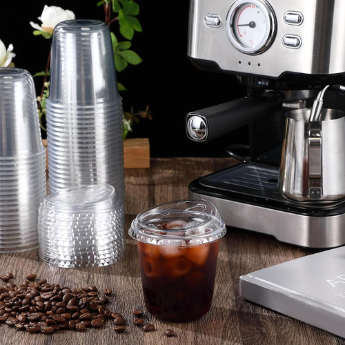 PET Crystal Clear Plastic Cups 14OZ With Lid Disposable Iced Coffee Cups with Lids for Cold Beverages 50Pack