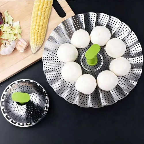 Vegetable Steamer Basket for Cooking Food, Stainless Steel Veggie Steam Basket for Pot, Folding Expandable Steaming Insert with Extendable Handle Fits Various Size Pot Two Per Set