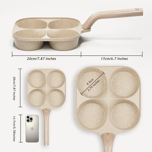 4-Hole Non-Stick Egg Frying Pan - Pancake Pan, Granite Surface, Easy-Clean Nonstick Cookware with Handle, Gas Stove Safe & Induction Ready Kitchen Gadget for Home Chefs, Omelette Pan