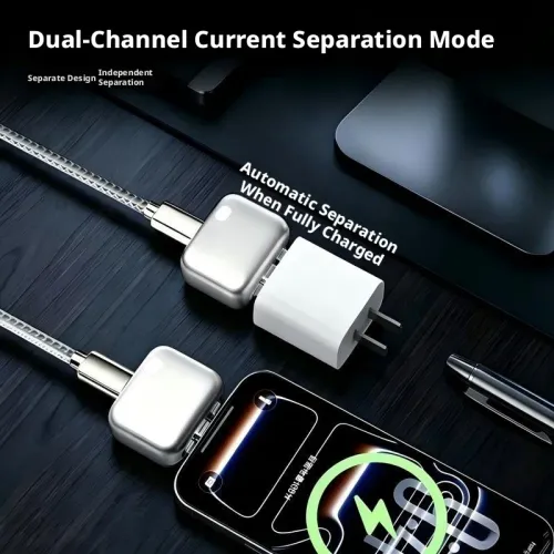 Smart charger with auto-cutoff upon full charge to protect battery health  features overcharge protection and automatic power-off, suitable for Type-C devices.