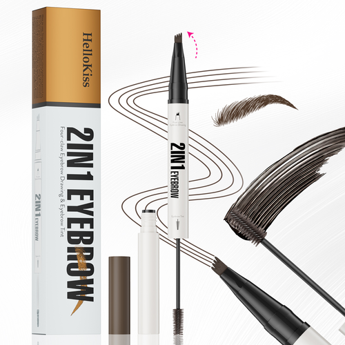 Hellokiss New Four-Prong Eyebrow Pencil + Brow Tint  Set Vegan Long Lasting Hybrid Brush Soft Eyebrow Liquid Tint Gel No Wipe Dark Brown Two Per Set