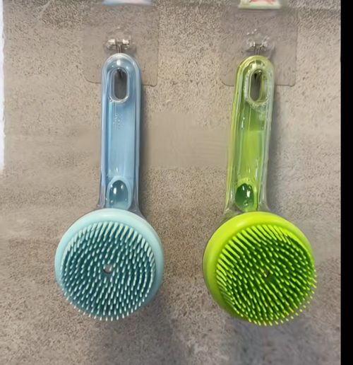Handheld Dog & Cat Scalp Cleaning Shower Brush Long Plastic Handle Pet Supplies Accessories for Bathing Massage for Bathroom Use Blue and Green Two   Pack