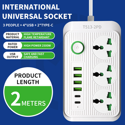 Power Strip 3 Way 6 USB Plug Universal Power Strip 2m