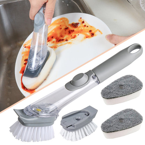 Multifunctional Soap Dispensing Dish Brush Set Replaceable Heads Kitchen Pot Pan Sink Cleaning Scrubber Press Liquid Brush