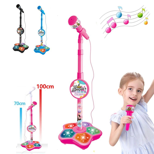 New Arrival Kids Educational Toy Microphone Pink with Stand Flashing Light MP3 Karaoke Song Music Instrument Toys for 3-10 Years