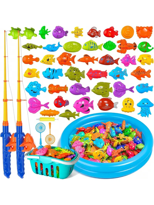 Magnetic Fishing Game Bath Pool Toys 48pcs Fishing Toys Game Floating Fish Magnet Pole Rod Net Education Teaching and Learning Christmas gifts  birthday gifts premium gifts Inflatable